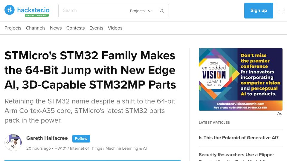 Screenshot of hackster.io: STM32 MCU family goes 64-bit with the STM32MP2x (Cortex-A35)