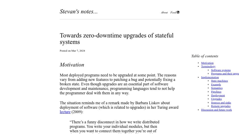 Screenshot of stevana.github.io: Towards zero-downtime upgrades of stateful systems
