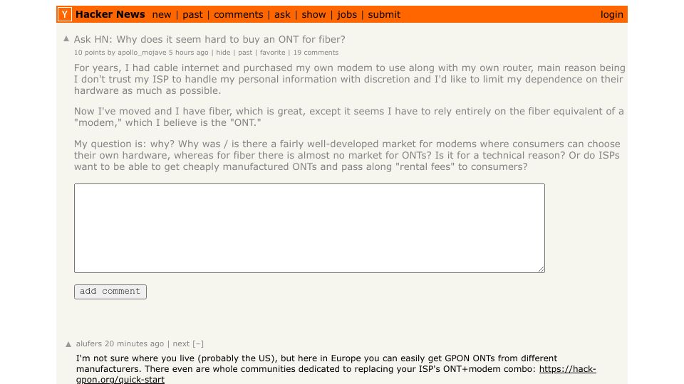 Screenshot of Hacker News post: Ask HN: Why does it seem hard to buy an ONT for fiber?