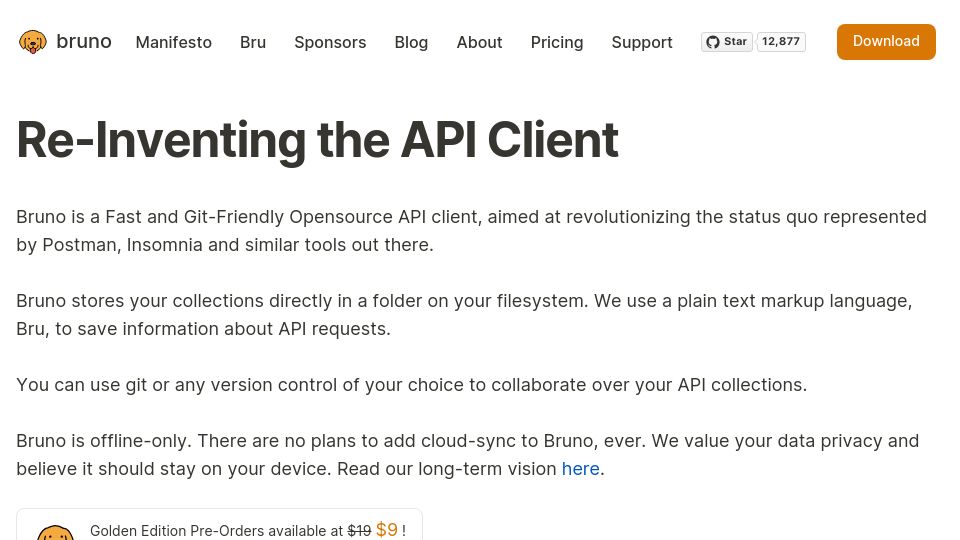 Screenshot of usebruno.com: Bruno: Fast and Git-friendly open-source API client (Postman alternative)