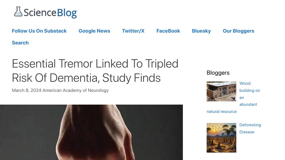 Screenshot of scienceblog.com: Essential tremor linked to tripled risk of dementia, study finds