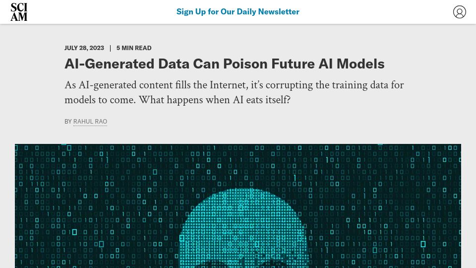 Screenshot of scientificamerican.com: AI-Generated Data Can Poison Future AI Models