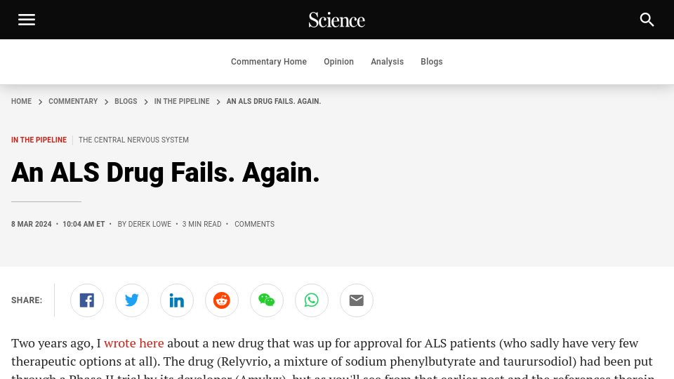 Screenshot of science.org: An ALS drug fails, again