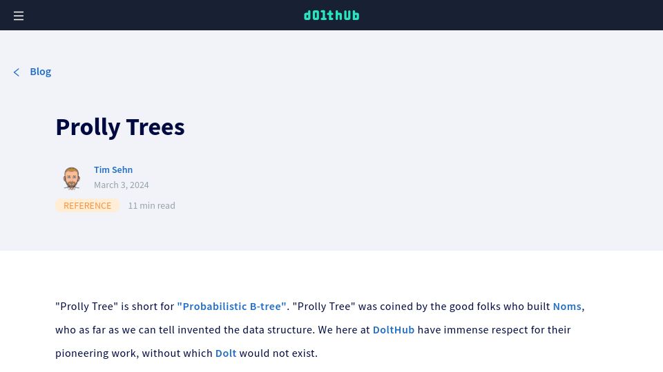 Screenshot of dolthub.com: Prolly Trees