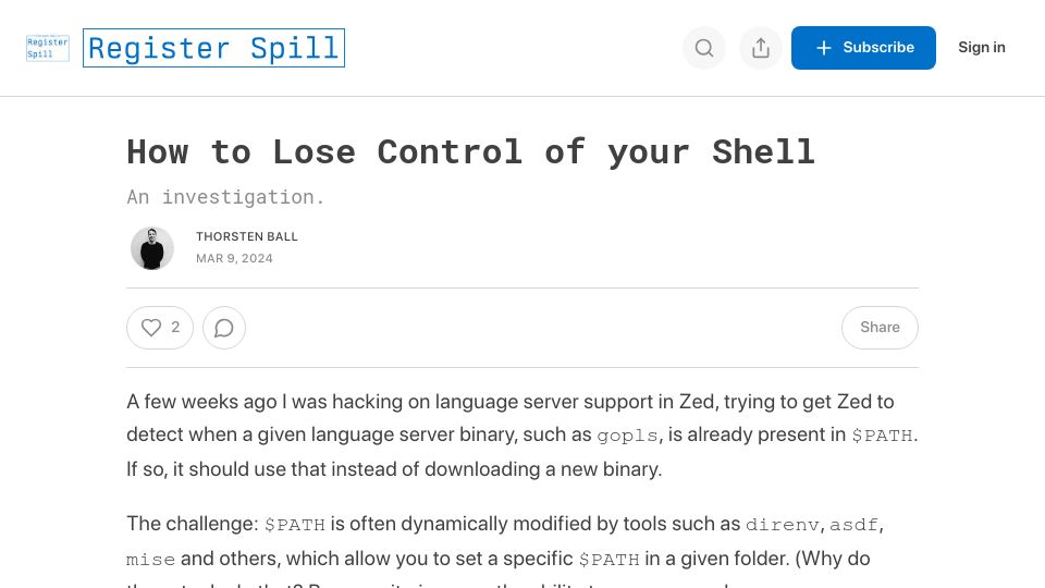 Screenshot of registerspill.thorstenball.com: How to Lose Control of Your Shell