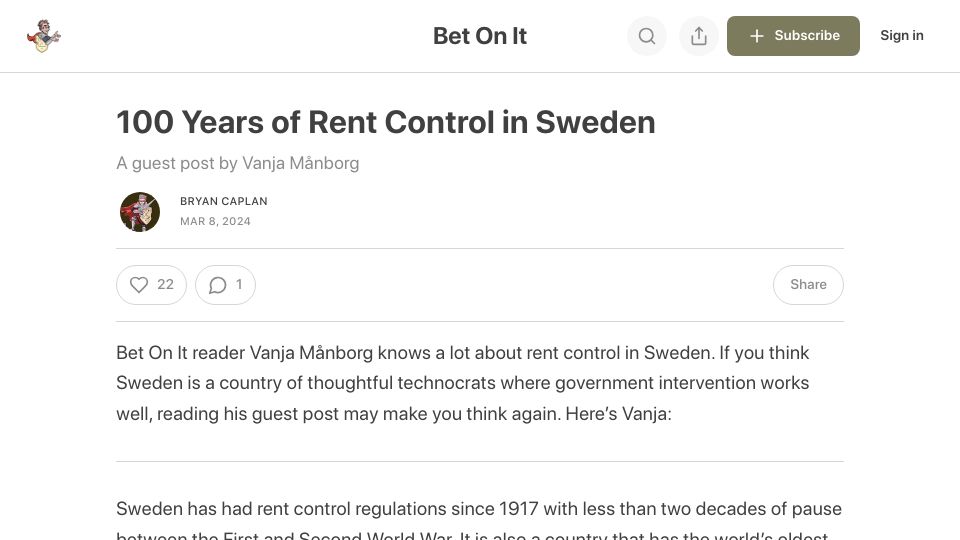 Screenshot of betonit.ai: 100 Years of Rent Control in Sweden