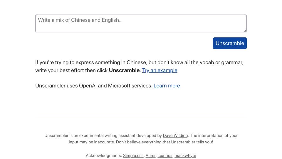 Screenshot of unscrambler.dpw.me: Show HN: My AI writing assistant for Chinese