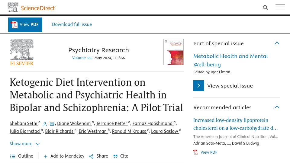 Screenshot of sciencedirect.com: Ketogenic Diet Intervention on Metabolic and Psychiatric Health