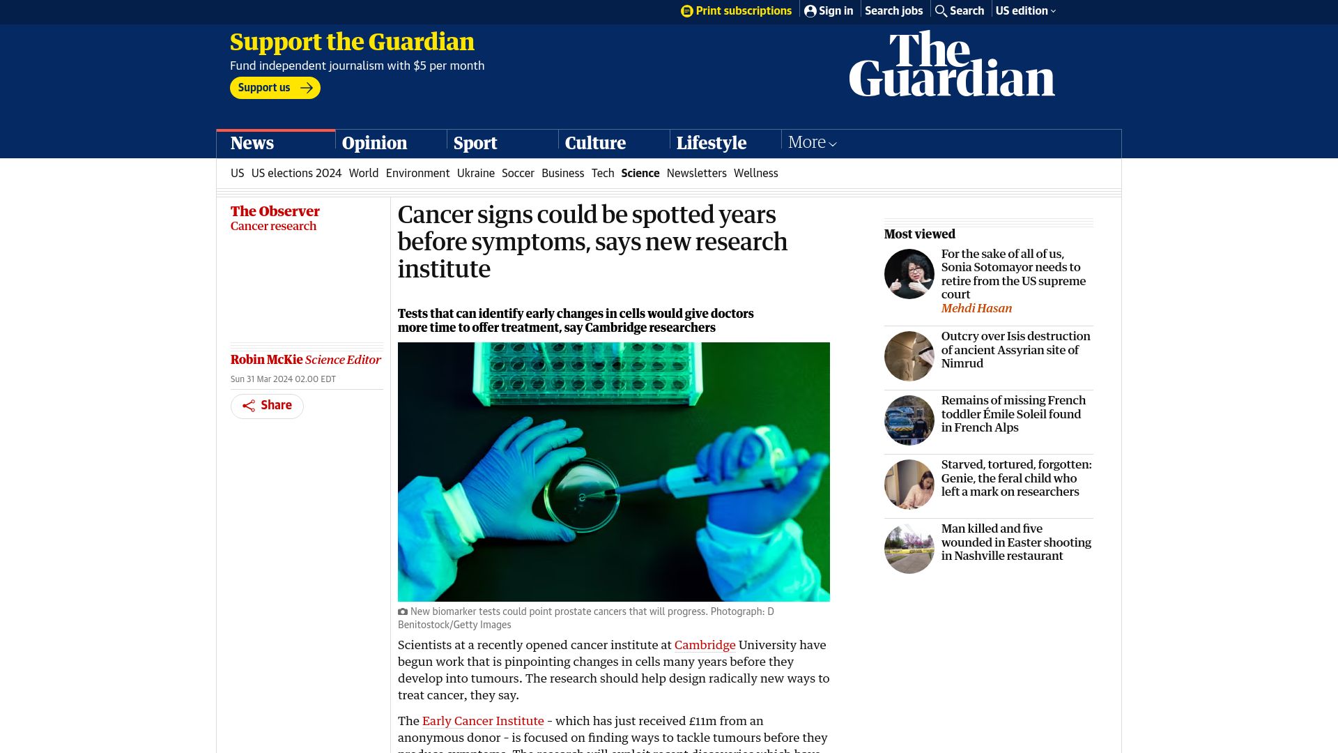 Screenshot of theguardian.com: Cancer signs could be spotted years before symptoms, says new research institute