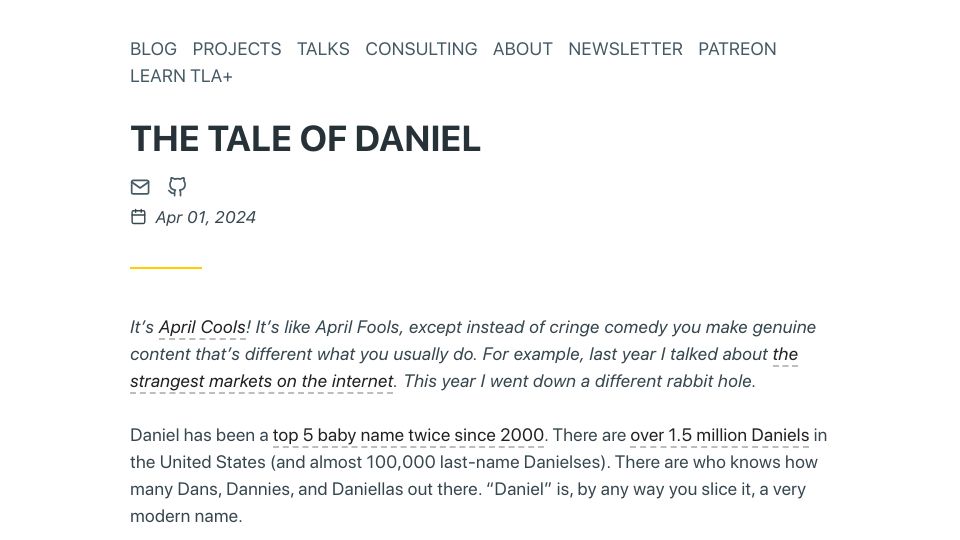 Screenshot of hillelwayne.com: The Tale of Daniel