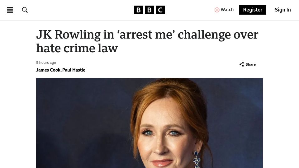 Screenshot of bbc.com: JK Rowling in ‘arrest me’ challenge over Scottish hate crime law