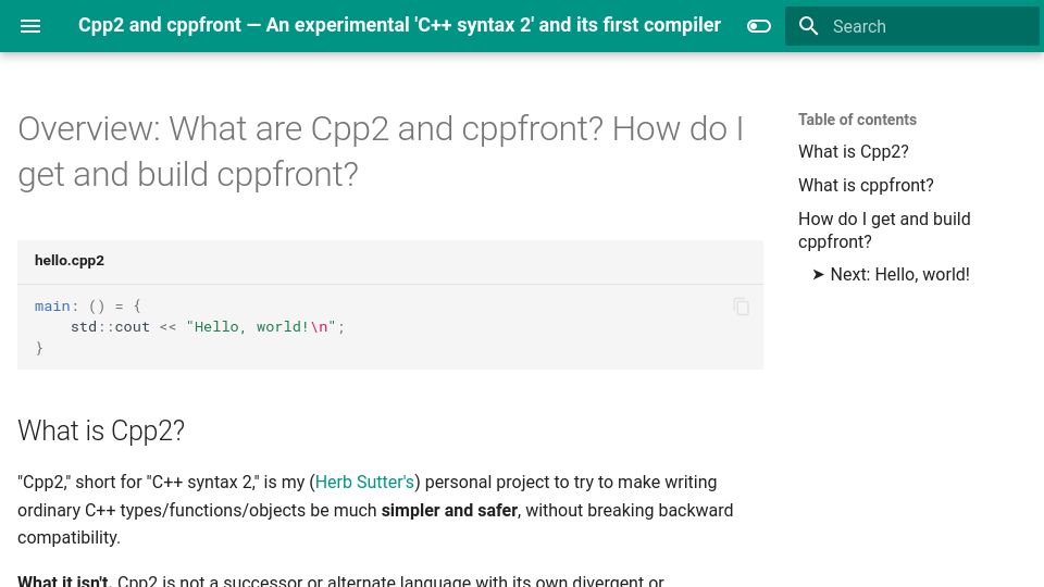 Screenshot of hsutter.github.io: Overview: What are Cpp2 and cppfront? How do I get and build cppfront?