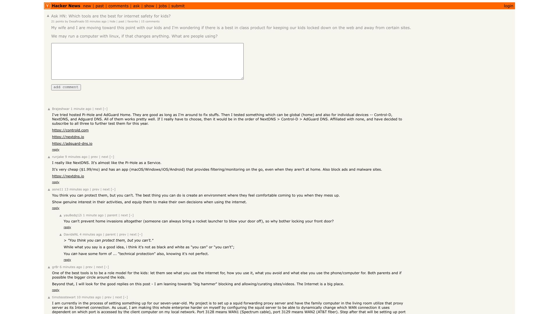 Screenshot of this Hacker News post: Ask HN: Which tools are the best for internet safety for kids?