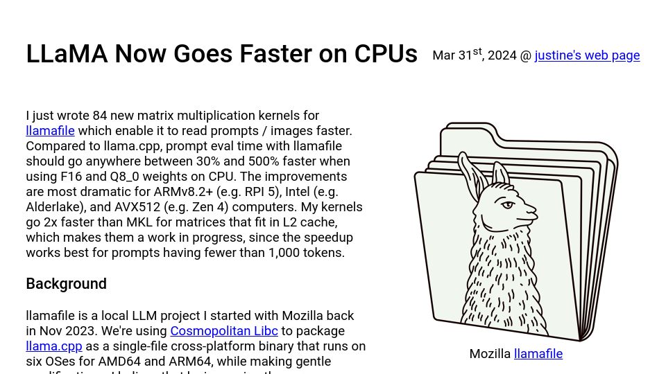 Screenshot of justine.lol: LLaMA now goes faster on CPUs