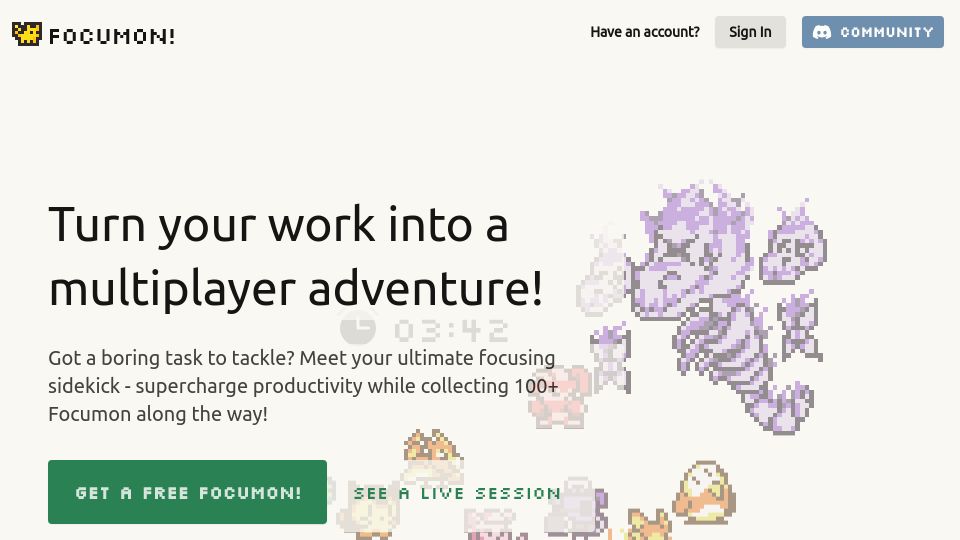 Screenshot of focumon.com: Show HN: Focumon – Turn your work into a multiplayer adventure