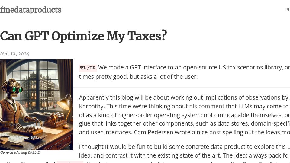Screenshot of finedataproducts.com: Can GPT optimize my taxes? An experiment in letting the LLM be the UX
