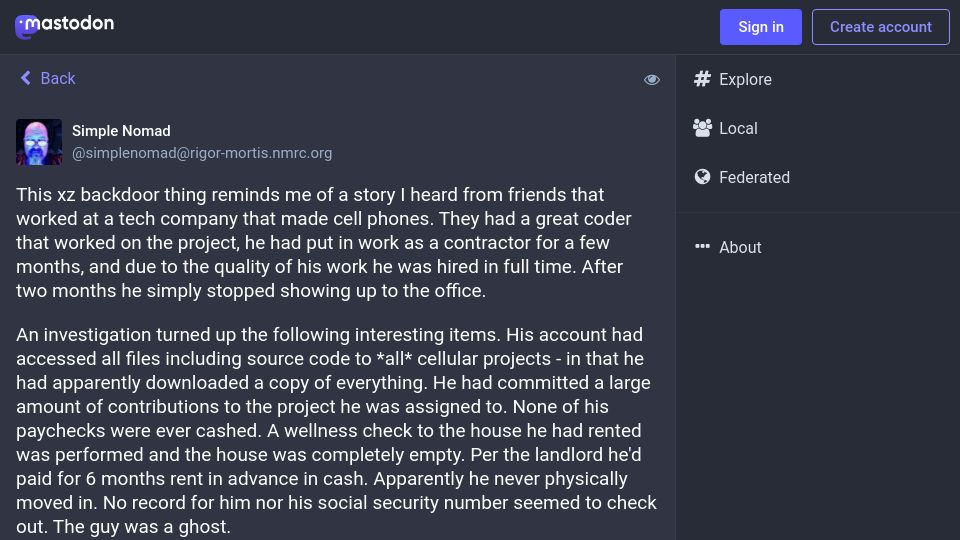 Screenshot of rigor-mortis.nmrc.org: The xz backdoor thing reminds me of a story