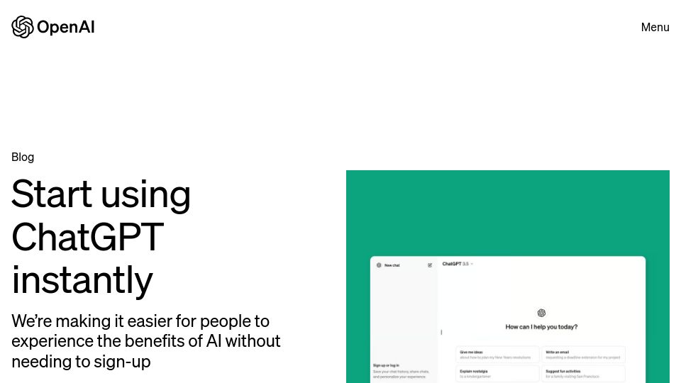 Screenshot of openai.com: OpenAI: Start using ChatGPT instantly