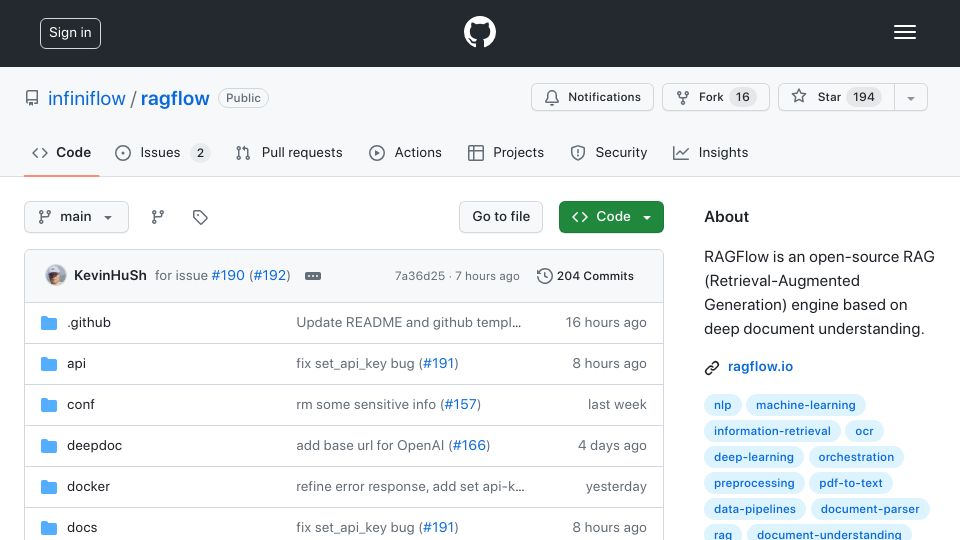 Screenshot of github.com: RAGFlow is an open-source RAG engine based on OCR and document parsing