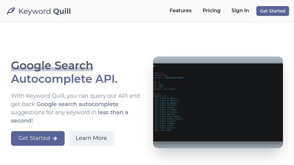 Screenshot of keywordquill.com: Show HN: I built an API for Google autocomplete