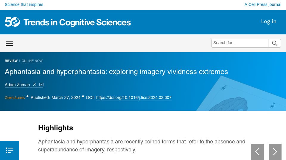 Screenshot of cell.com: Aphantasia and hyperphantasia: exploring imagery vividness extremes