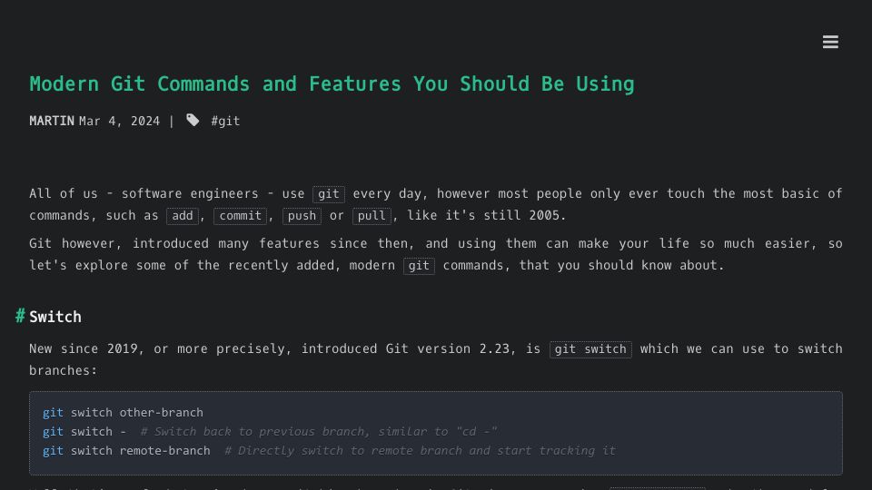 Screenshot of martinheinz.dev: Modern Git Commands and Features You Should Be Using