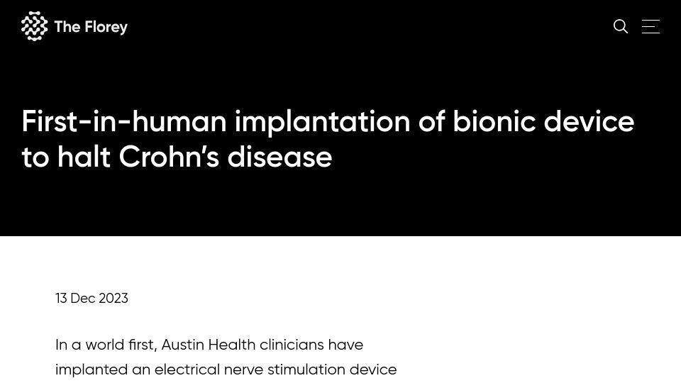 Screenshot of florey.edu.au: First-in-human implantation of bionic device to halt Crohn's disease (2023)