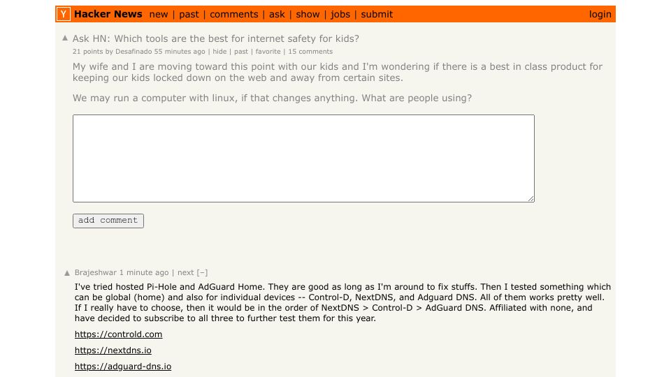 Screenshot of Hacker News post: Ask HN: Which tools are the best for internet safety for kids?