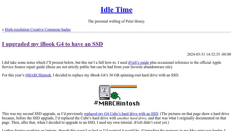 Screenshot of boredzo.org: I upgraded my iBook G4 to have an SSD