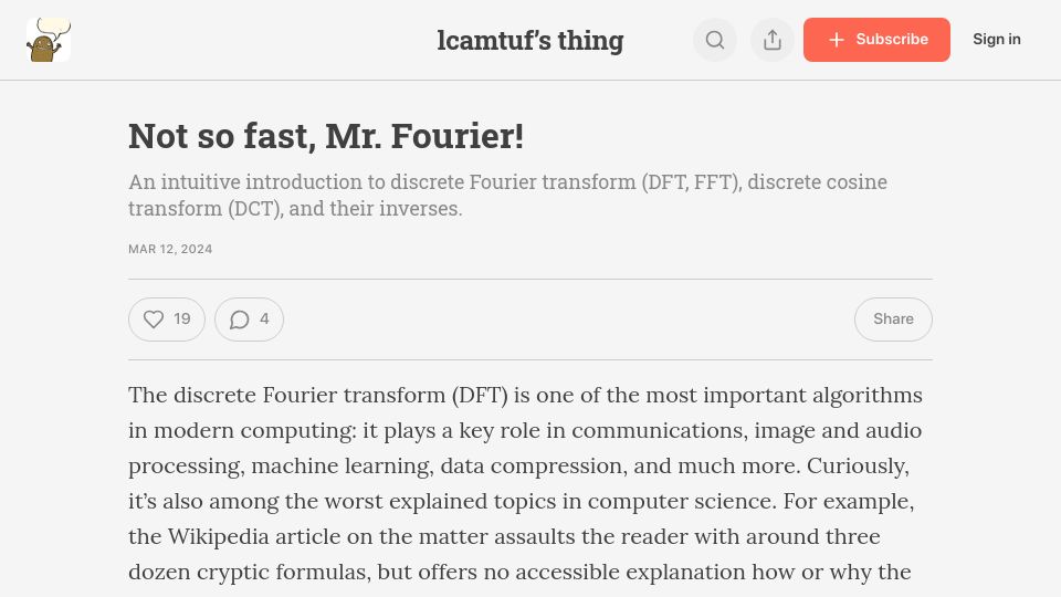 Screenshot of lcamtuf.substack.com: Not so fast, Mr. Fourier