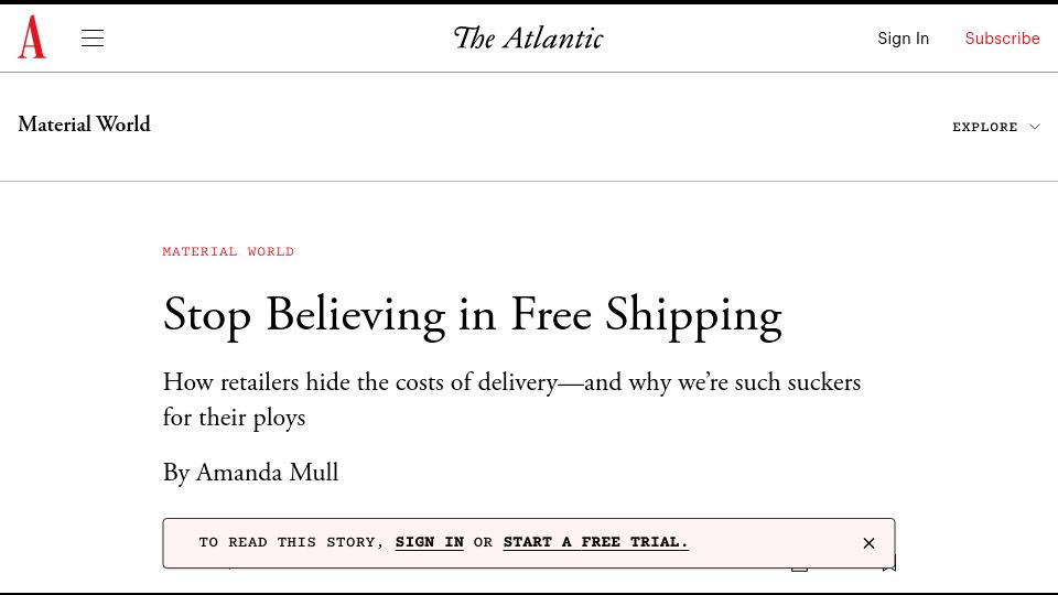Screenshot of theatlantic.com: Free shipping isn’t really free (2020)