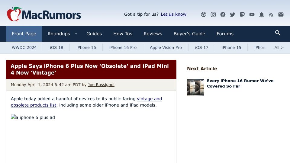 Screenshot of macrumors.com: Apple Says iPhone 6 Plus Now 'Obsolete' and iPad Mini 4 Now 'Vintage'