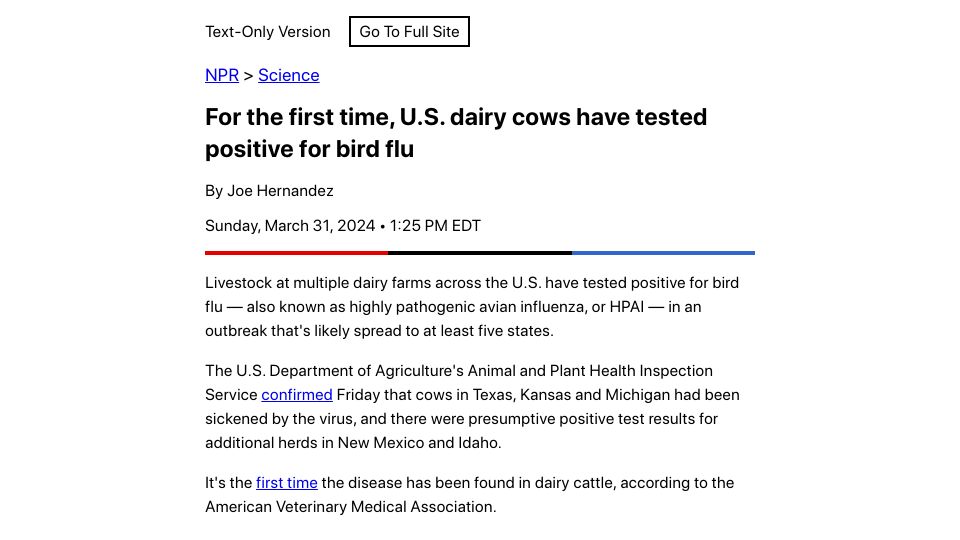 Screenshot of text.npr.org: U.S. dairy cows have tested positive for bird flu