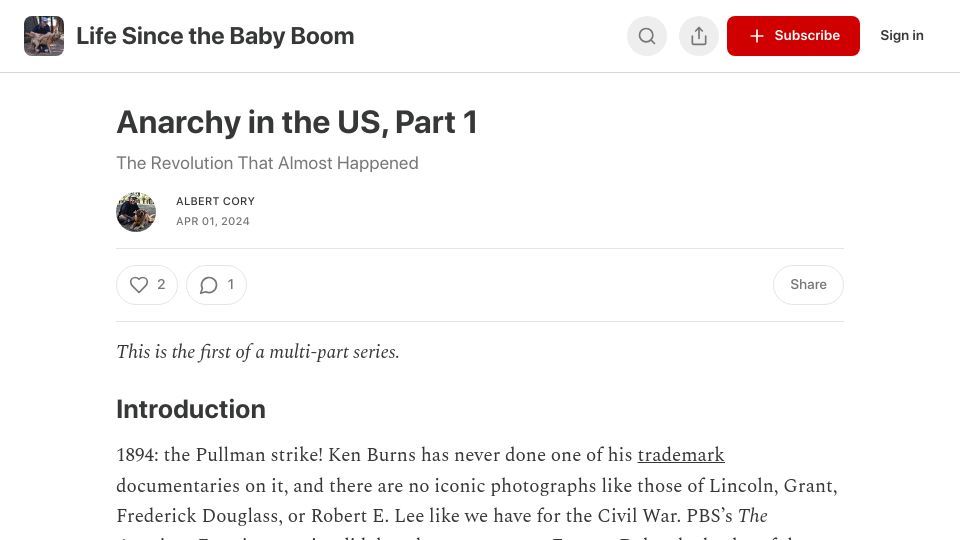Screenshot of albertcory50.substack.com: Anarchy in the US (The Revolution That Almost Happened)