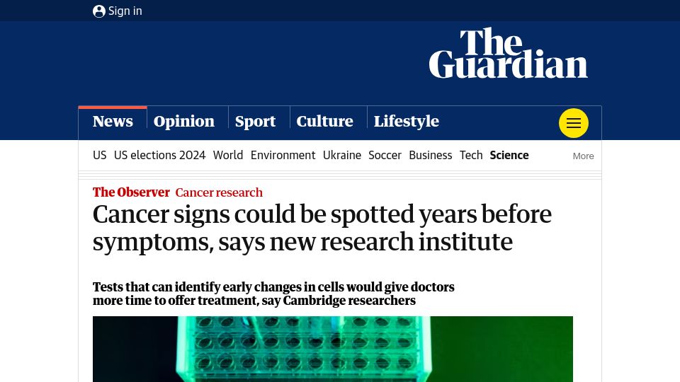 Screenshot of theguardian.com: Cancer signs could be spotted years before symptoms, says new research institute