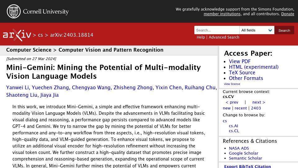 Screenshot of arxiv.org: Mini-Gemini: Mining the Potential of Multi-Modality Vision Language Models