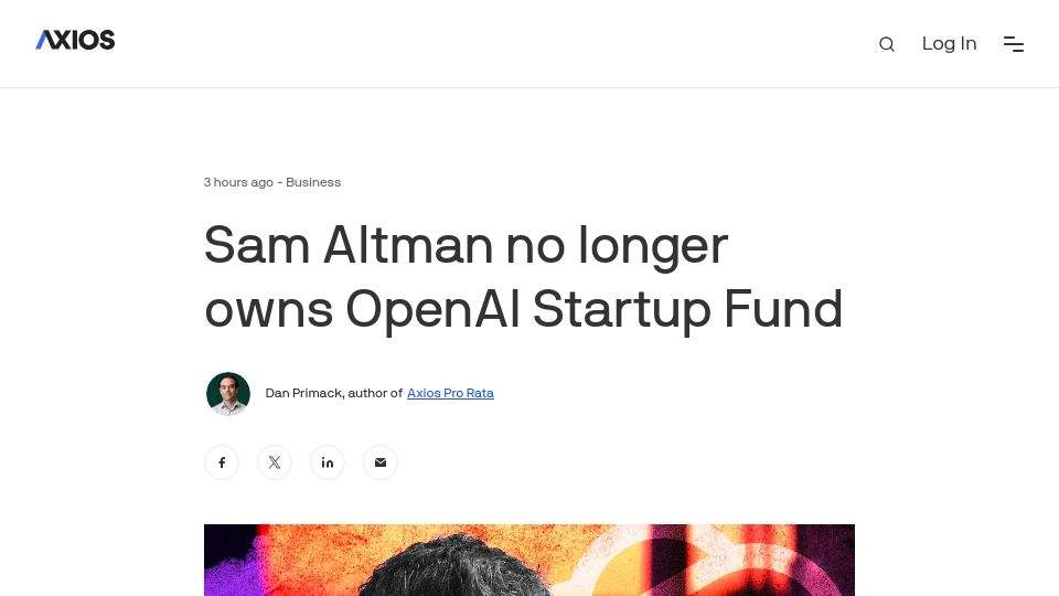 Screenshot of axios.com: Sam Altman no longer owns OpenAI Startup Fund