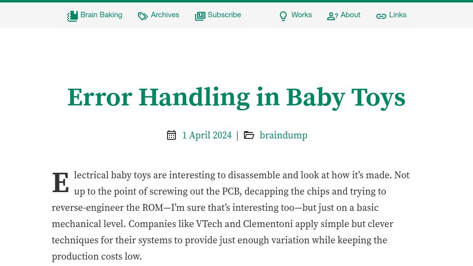 Screenshot of brainbaking.com: Error Handling in Baby Toys