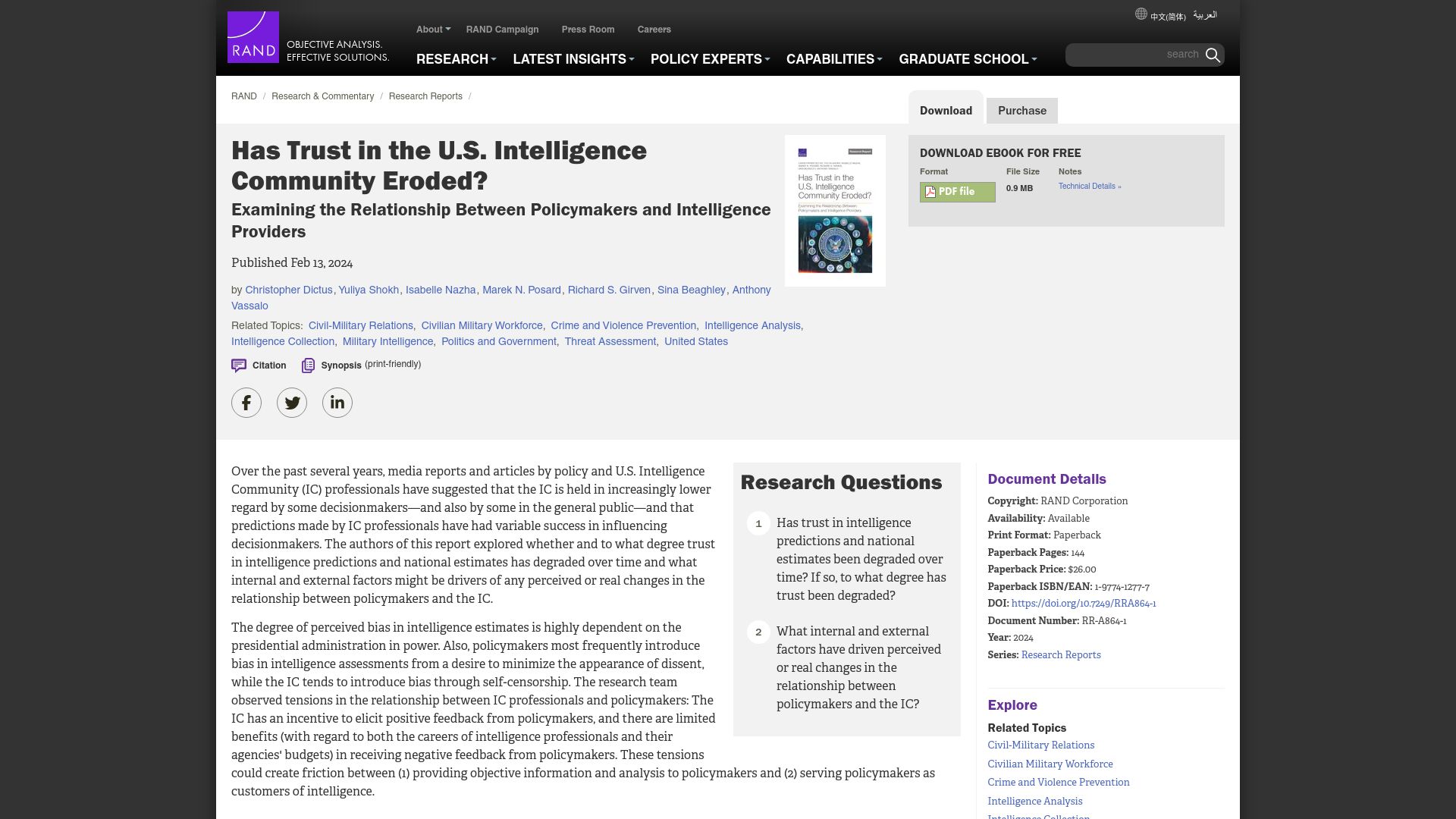 Screenshot of rand.org: Has Trust in the U.S. Intelligence Community Eroded?