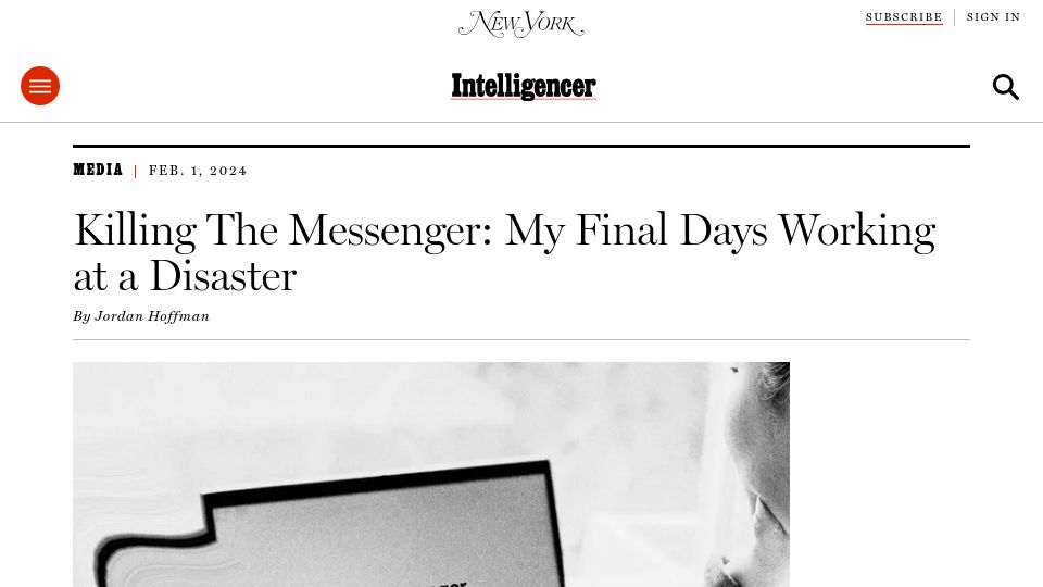 Screenshot of nymag.com: Killing the Messenger: My Final Days Working at a Disaster