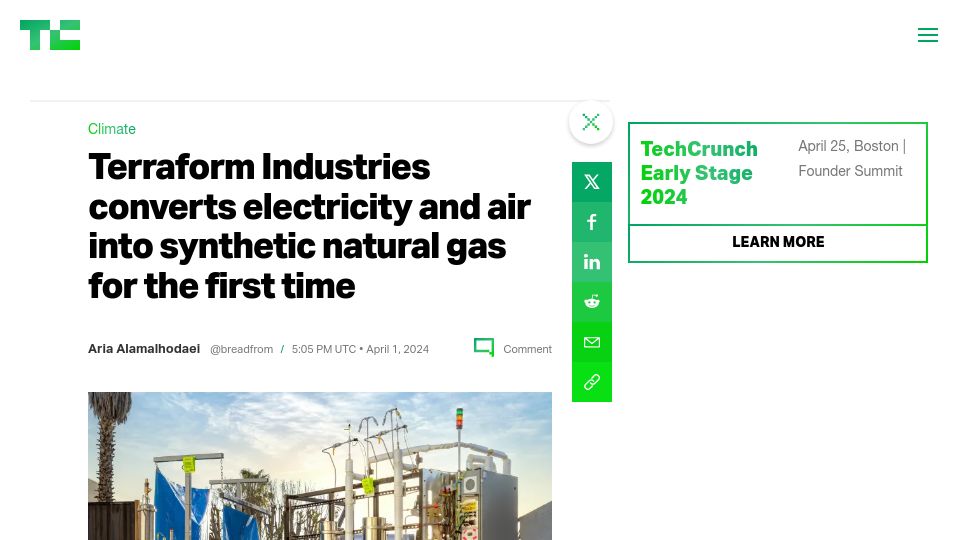 Screenshot of techcrunch.com: Terraform Industries converts electricity and air into synthetic natural gas