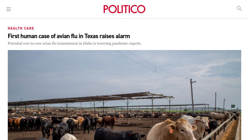Screenshot of politico.com: First human case of avian flu in Texas