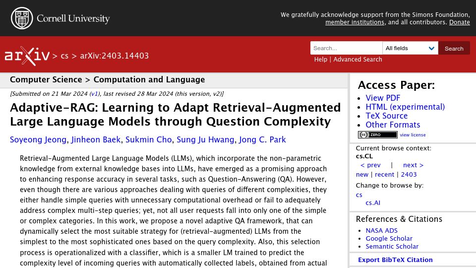 Screenshot of arxiv.org: Adaptive RAG – dynamic retrieval methods adjustment