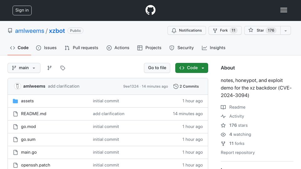 Screenshot of github.com: Xzbot: Notes, honeypot, and exploit demo for the xz backdoor