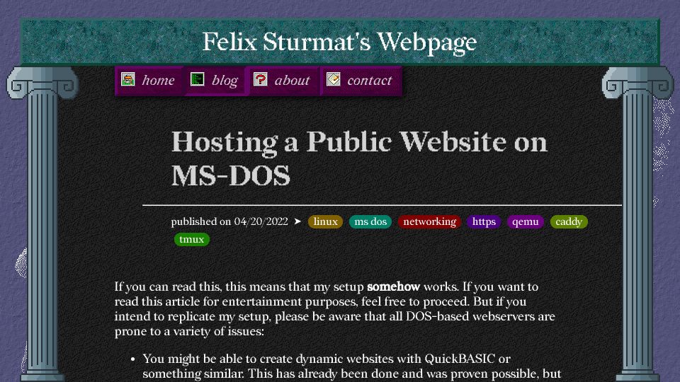 Screenshot of fsturmat.net: Hosting a Public Website on MS-DOS (2022)