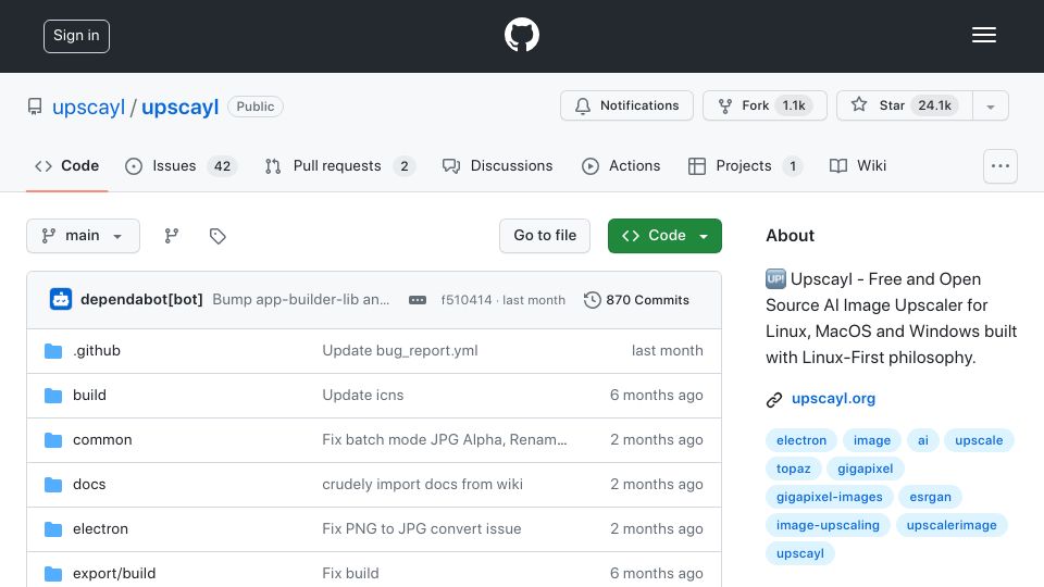 Screenshot of github.com: Upscayl – Free and Open Source AI Image Upscaler