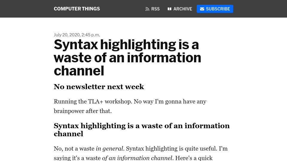 Screenshot of buttondown.email: Syntax highlighting is a waste of an information channel (2020)
