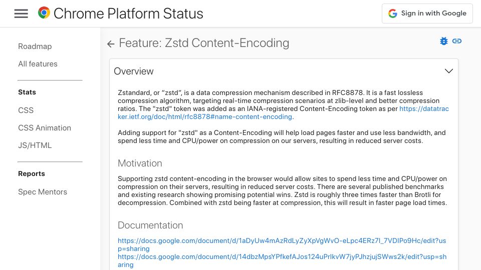 Screenshot of chromestatus.com: Chrome Feature: ZSTD Content-Encoding