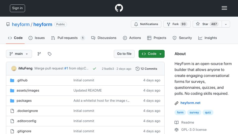 Screenshot of github.com: Show HN: I just made my profitable online form builder open-sourced