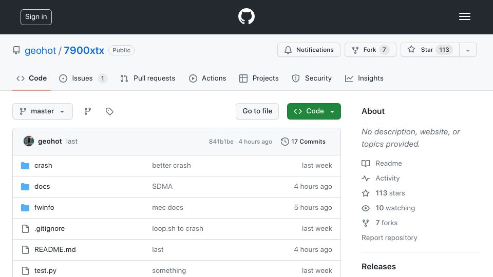 Screenshot of github.com: Documentation for the AMD 7900XTX